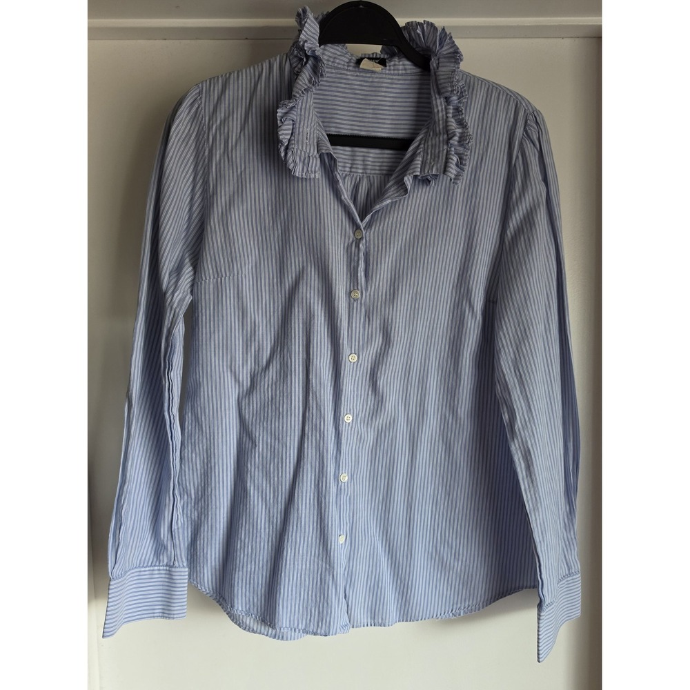 J.Crew Blouse Women M Blue White Striped Collared Cotton Long Sleeve Top Shirt